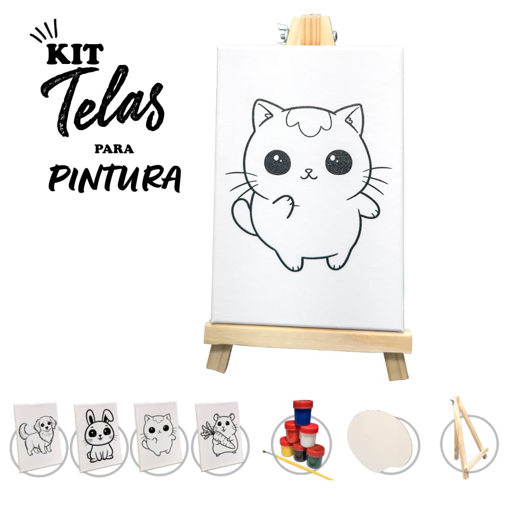 Kit Pintura Infantil Com Cavalete de Mesa + 4 Telas Desenhadas + Paleta + Pincel + 6 Guaches