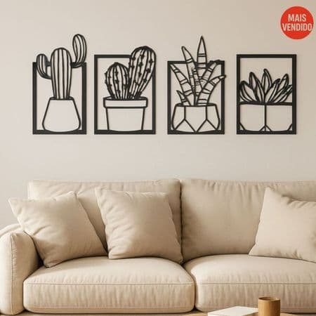 kit 4 Quadros Cactos Vasos Vazados Decorativo Sala Quarto Mdf Parede