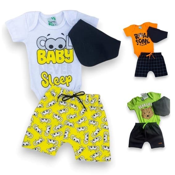 Body 3 peças estampado manga curta. Body, Bermuda e Babador Bebê Infantil Menino e Menina