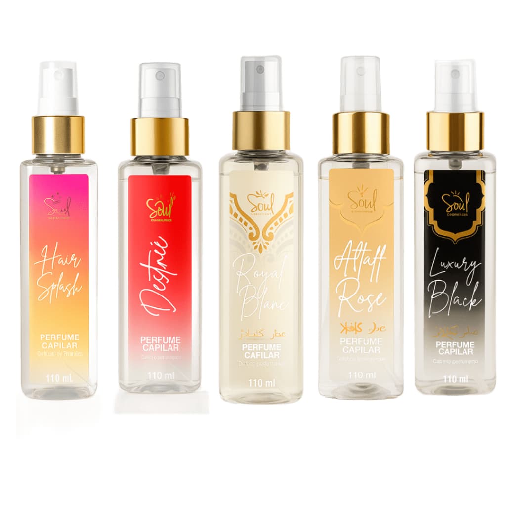 Kit 5 Perfumes para Cabelo Soul Cosméticos 110ml – Hair Splash, Luxury Black, Destinée, Attaff Rose, Royal Blanc