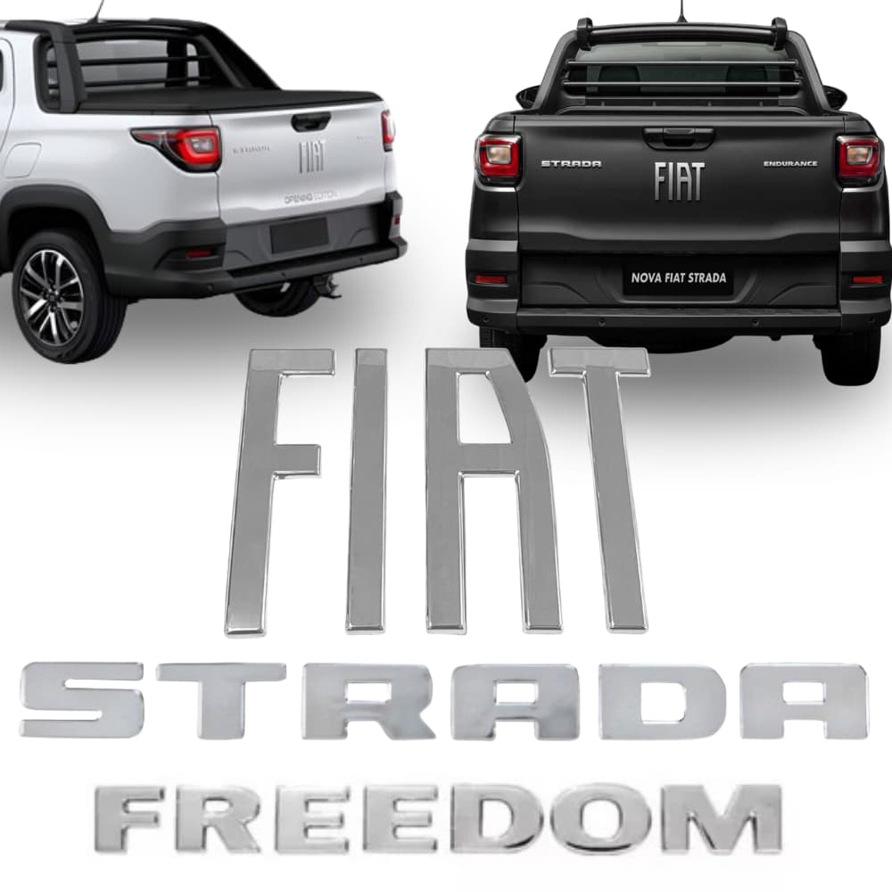 Kit Completo Emblemas Letreiros Traseiros Fiat Strada Freedom 2020 a 2024 Original Cromado