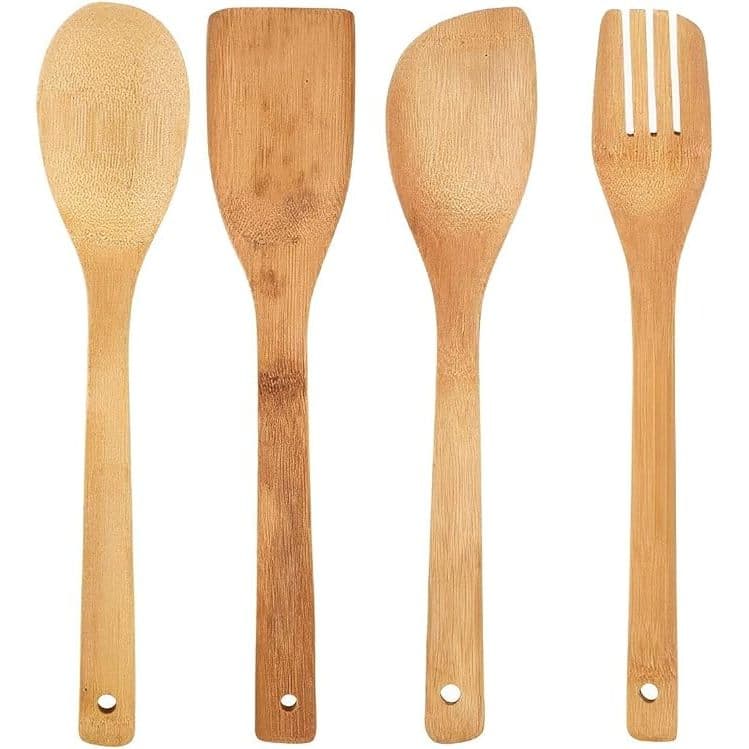 Kit de Utensílios Colheres e Espatulas de Pau Madeira 4 Peças Produzido em Bambu 100% Ecológico Ute