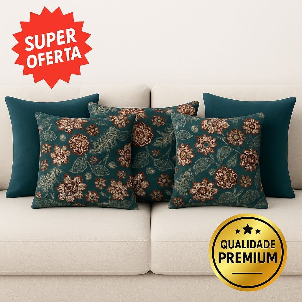 Kit 5 Almofadas Decorativas Floral Azul Petróleo Boho Chic Luxo Sala Quarto Sofá