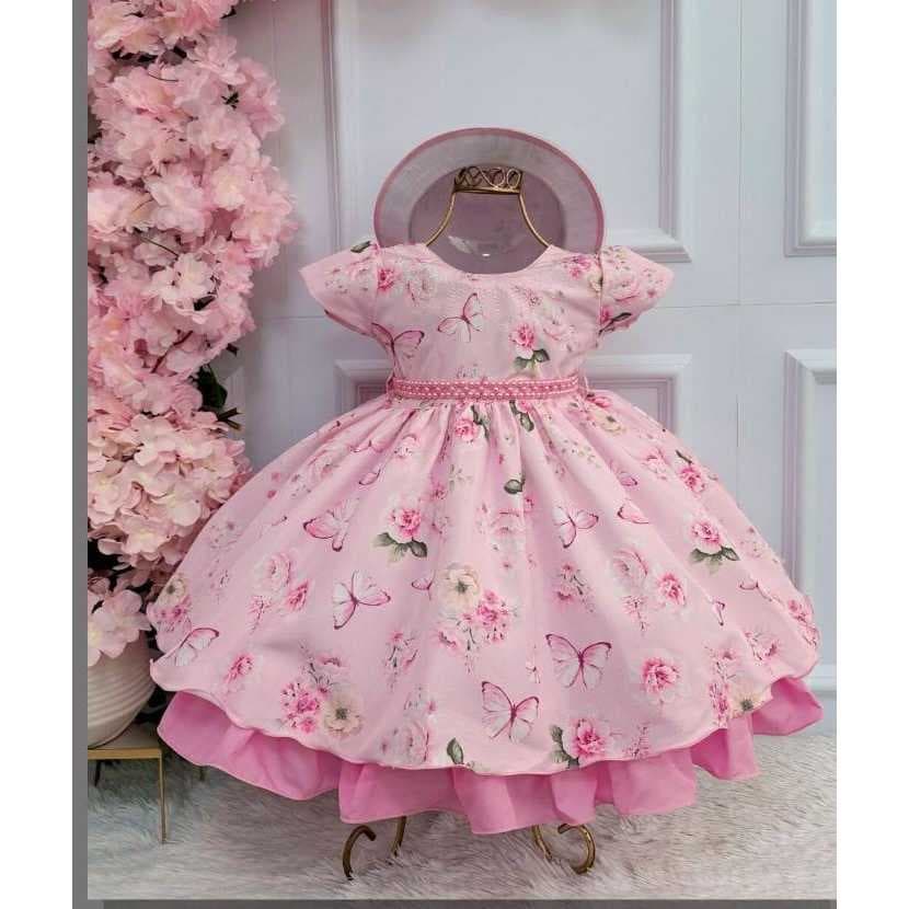 Vestido Infantil Floral com Chapéu – Festa, Batizado e Passeio