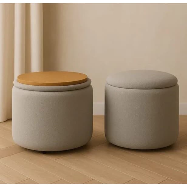 Puff Redondo Decorativo Orgânico Apoio Pés Mesa Madeira Estofado Premium Moderno Sala-Quarto Cinza