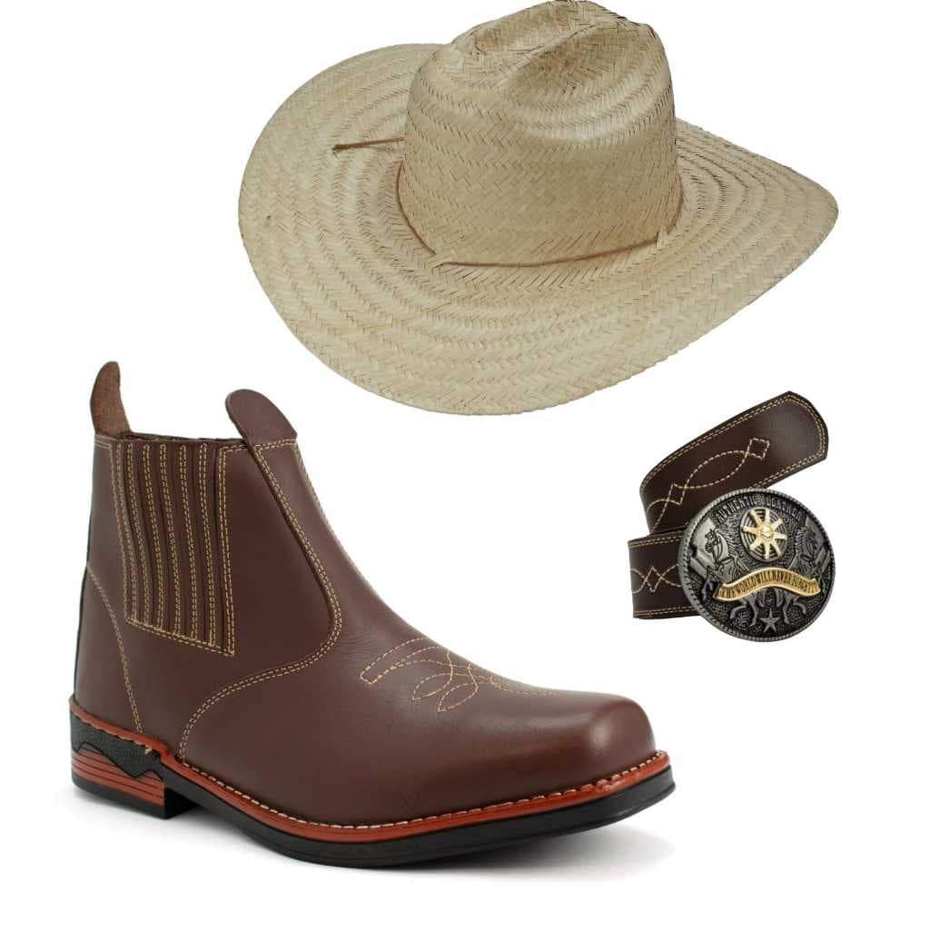 Kit Botina Bota Country + Cinto Cowboy + Chapéu Palha 001 De Ótima Qualidade