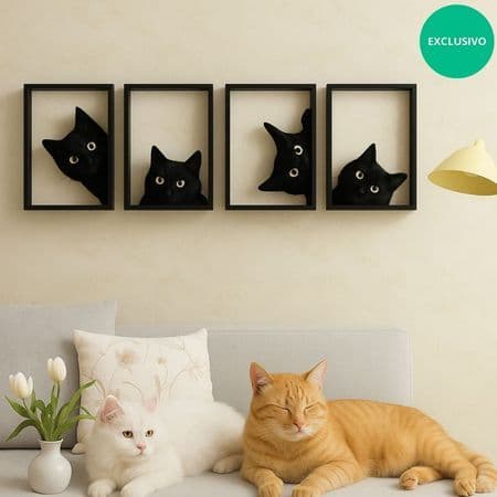 Kit de quadros vasados gatos em mdf 4 peças