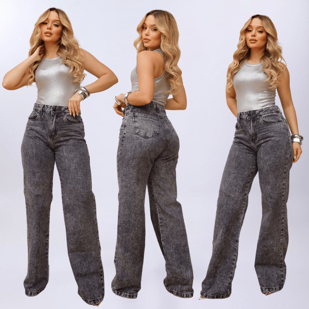 Wide Leg Calça Jeans Feminina Marmorizada Cintura Alta Pantalona boca larga premium 100% Algodão Premium Tecido