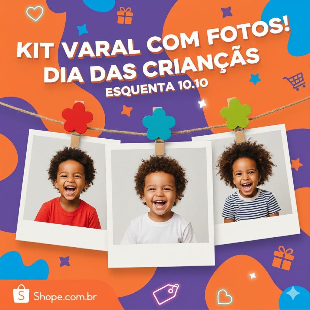 DIA DAS CRIANÇAS Varal de Fotos com Prendedores Coloridos | Mini Fotos Pola