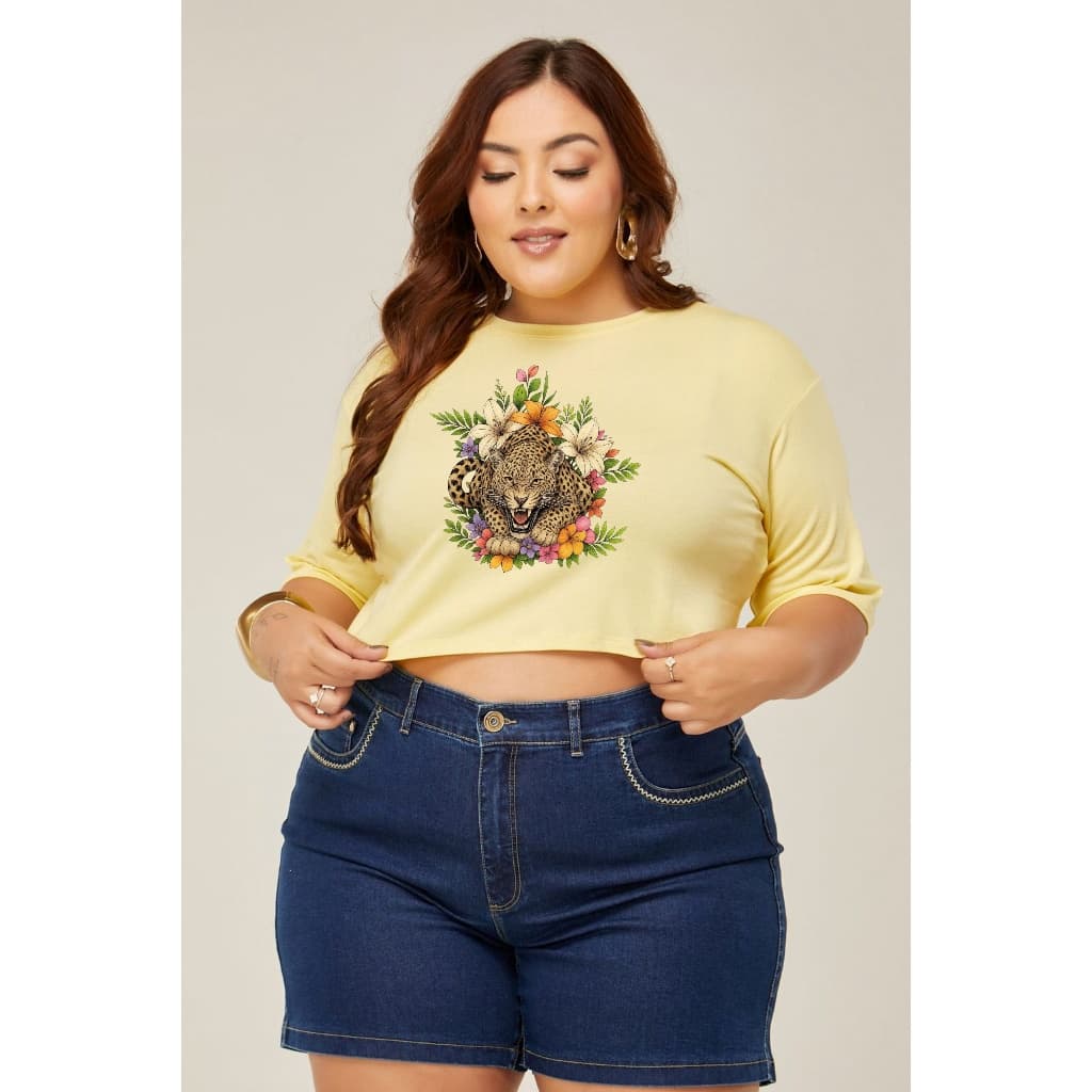 Cropped Oversize Candy Color Onça Floral | Viscolycra Premium | Estampada – Força e Estilo Tropical