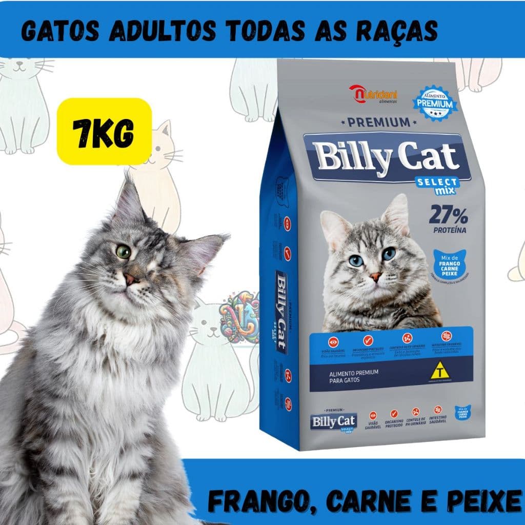 Billy Cat MIX Ração Premium Gatos Adultos Carne, Frango e Peixe 7kg
