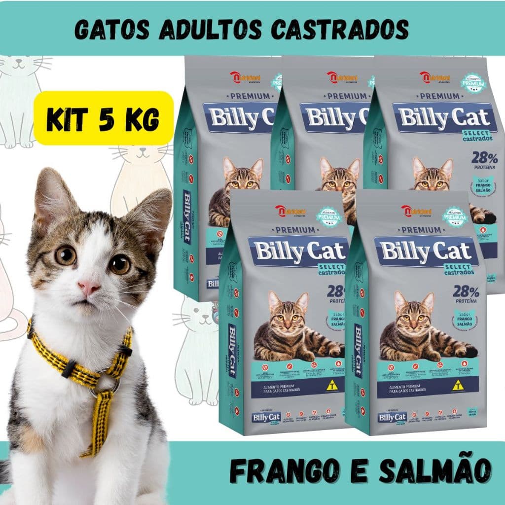 Billy Cat Ração Premium Gatos Adultos Castrados Frango e Salmão 5kg