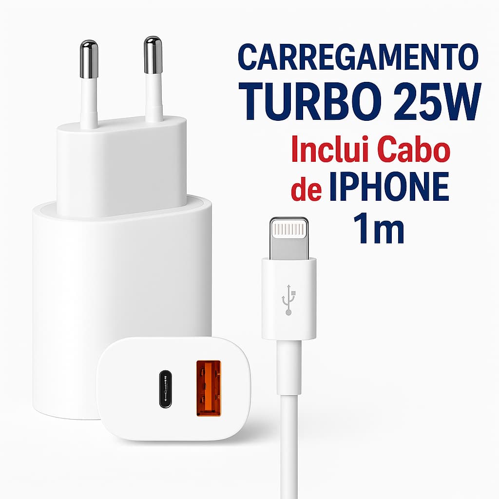 Kit Carregador De iPhone Fonte com Cabo Carregamento Rápido 1m Turbo 25W