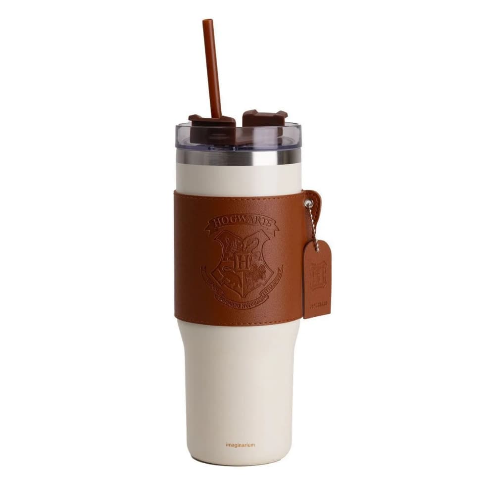 Copo Térmico Branco com Canudo Harry Potter Hogwarts Imaginarium