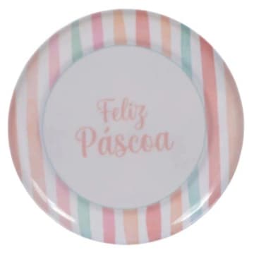 Prato Raso Pascoa Coelhinho Listras Candy Florarte Melanina 26cm- Mesa Posta de Pascoa