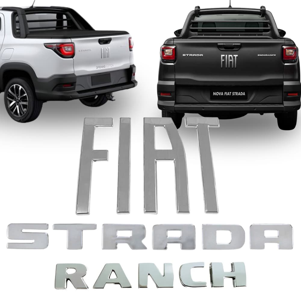 Kit Completo Emblemas Letreiros Traseiros Fiat Strada Ranch 2020 a 2024 Original Cromado