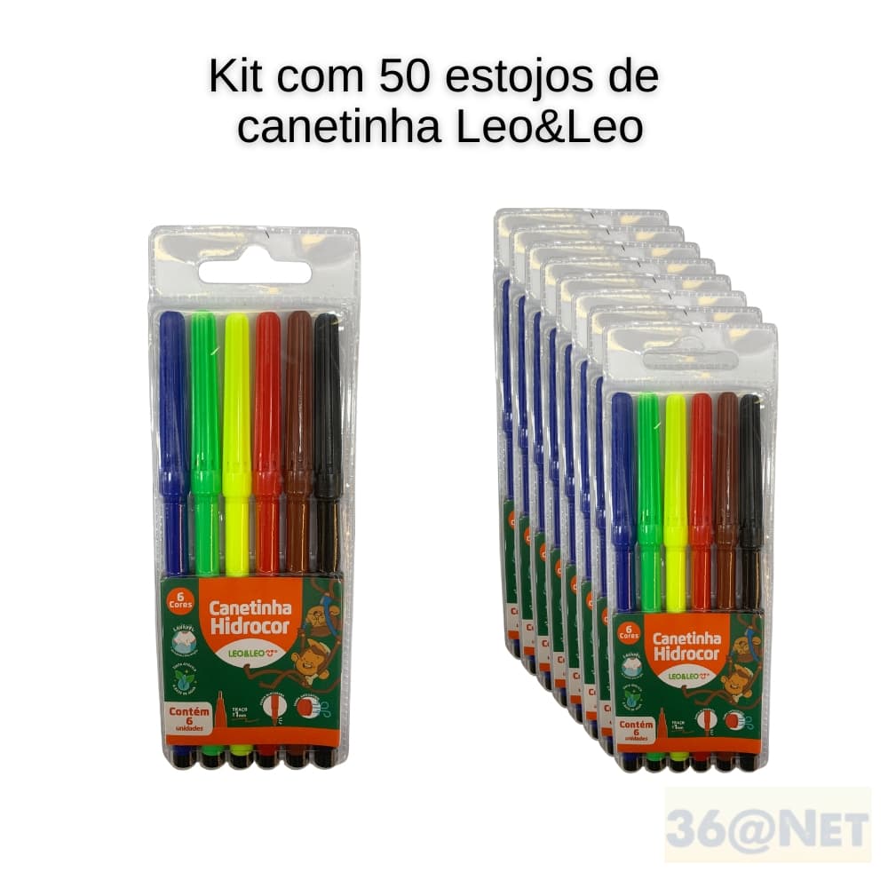 KIT COM 50 CANETINHAS HIDROCOR 06 CORES LEO&LEO
