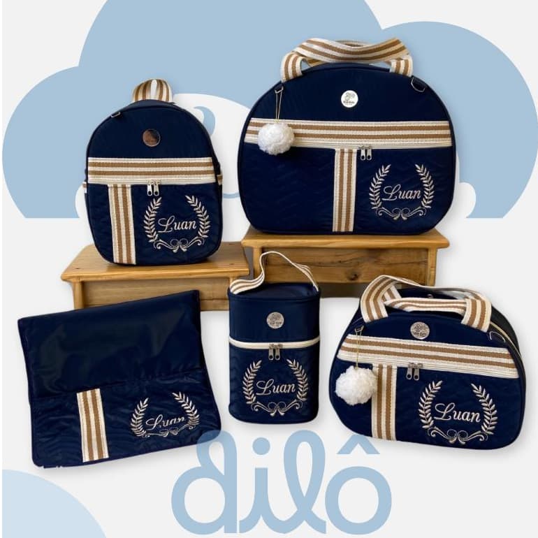 Kit maternidade personalizado 5 peças, bolsas de luxo. Conjunto de bolsas maternidade, Dilô Kids.