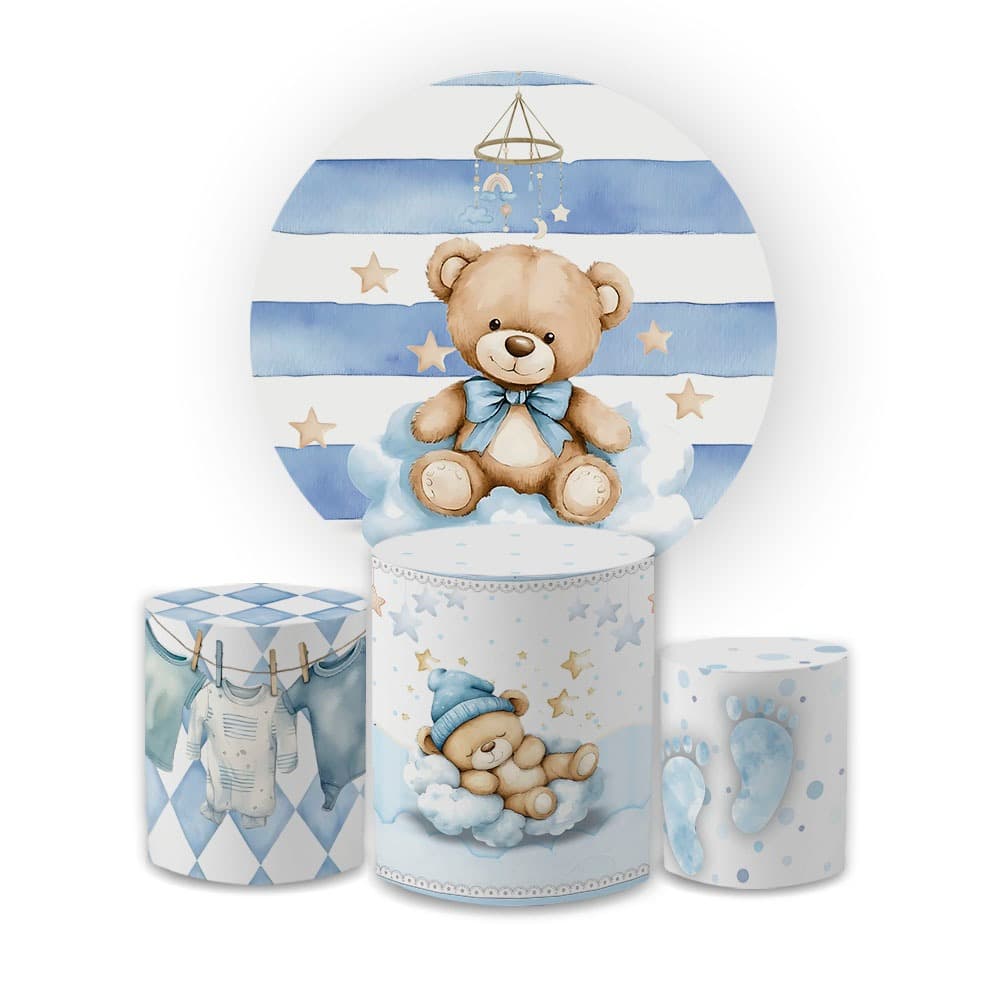 Kit Capas Festiva Para Painel Cilindros Chá De Bebe Menino Decoração Lançamento Ursinho Bibi Paineis