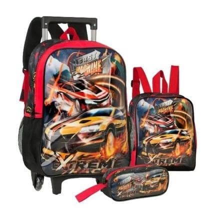 Kit Mochila Rodinha Carros Menino Escolar Infantil