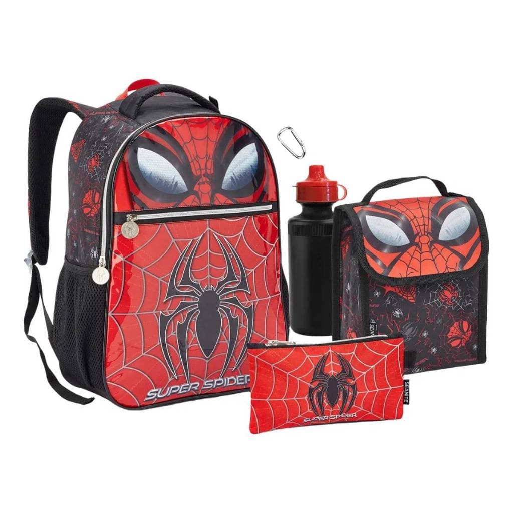 Mochila Infantil Spider Aranha Costas Kit Estojo Lancheira Garrafa