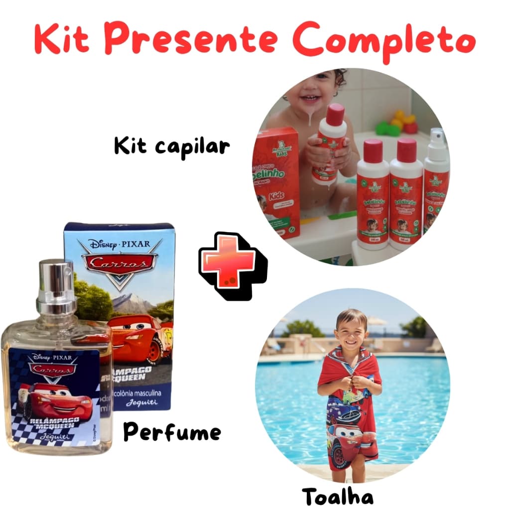 Kit Presente Infantil Dia das Crianças Perfume Relâmpago McQueen, Toalha e kit banho Bebelinho