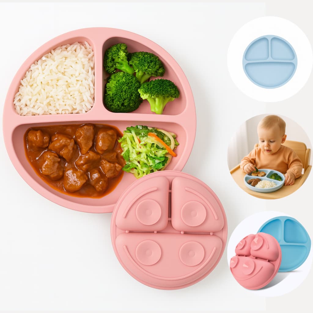 Prato Pratinho Infantil Silicone c/Ventosa e Divisórias introdução alimentar  Bebê Antiderrapantes - mamãe e bebê