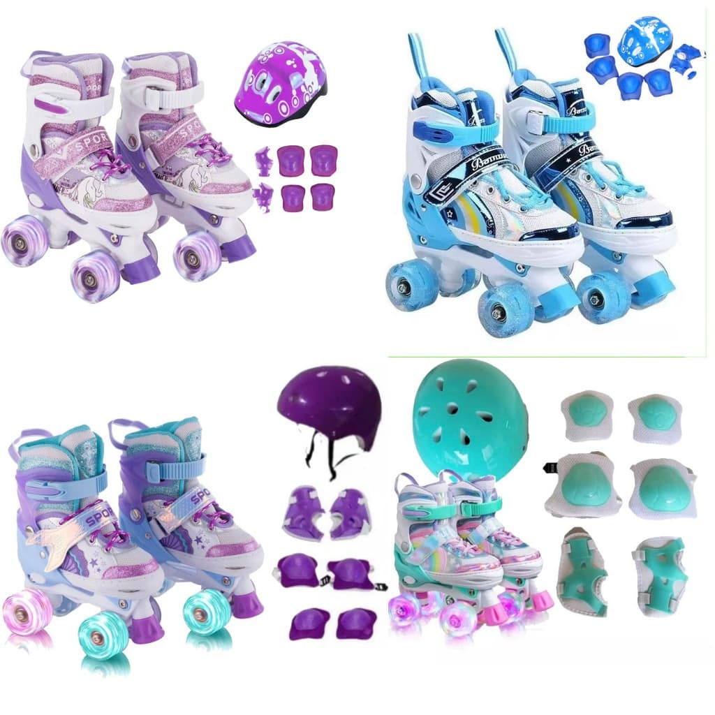 Patins De 4 Rodas Infantil Roxo Sereia Com Led e Conjunto de proteção Ajustavel Azul Verde