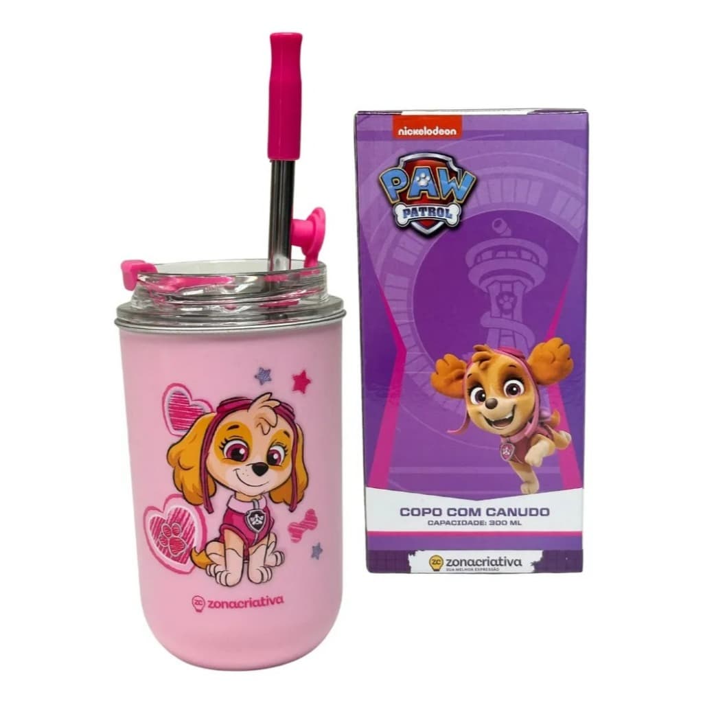 Copo Neo C/ Canudo E Tampa 300ml Patrulha Canina Skye - Zc