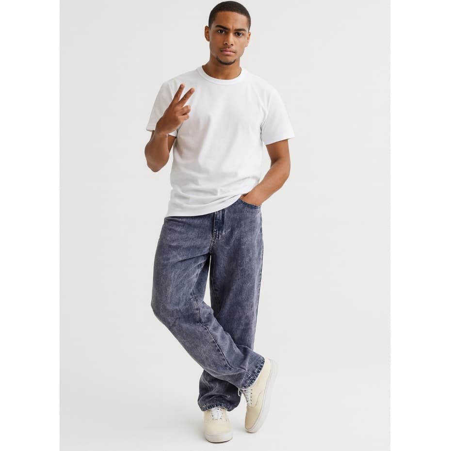 Calça Balão Jeans Masculina Marmorizada Streetwear Larga Baggy Estonada Cinza