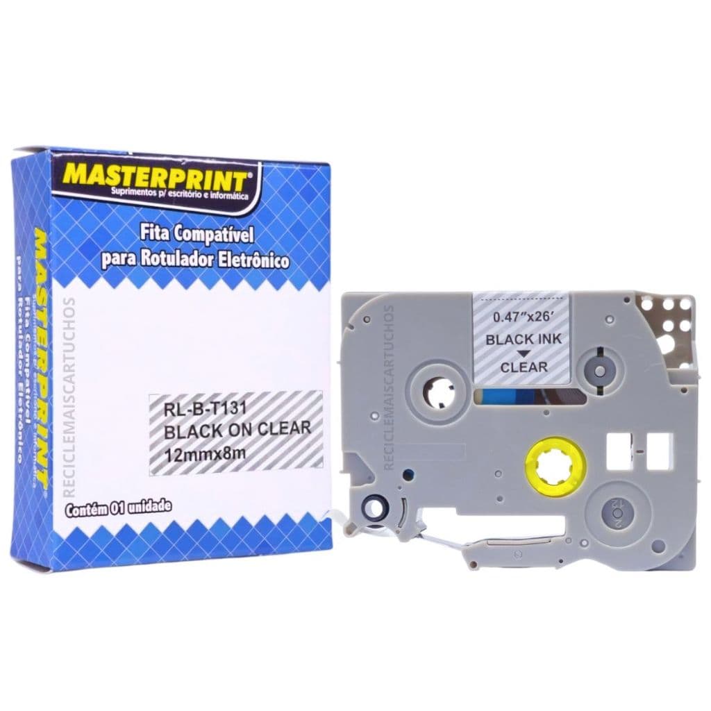 Fita Tzc-131 Tze-131 12mm 8m Transparente Com Impressão Preta Para Rotulador Eletrônico Masterprint
