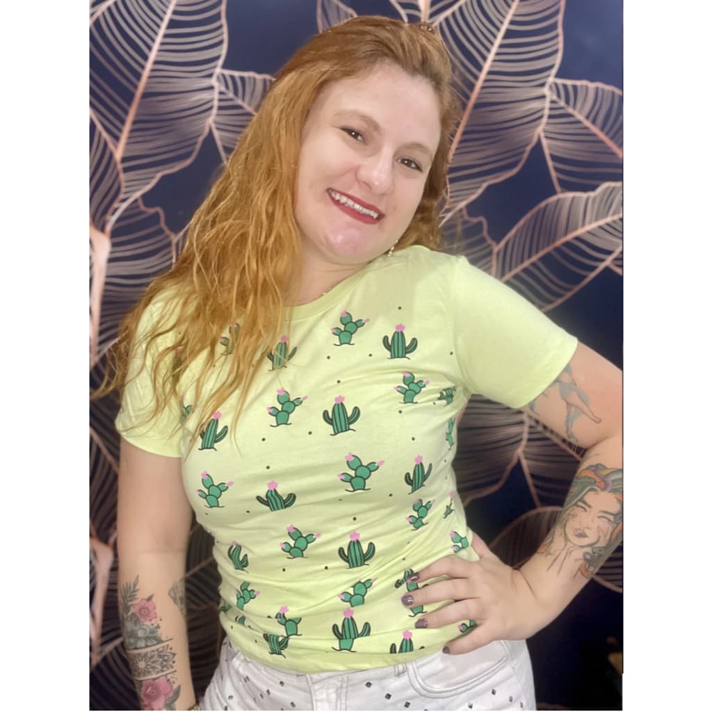 CAMISA FEMININA CAMISETA T-SHIRT VARIOS CACTOS VERDE ABACATE CAMISA DE ALGODÃO
