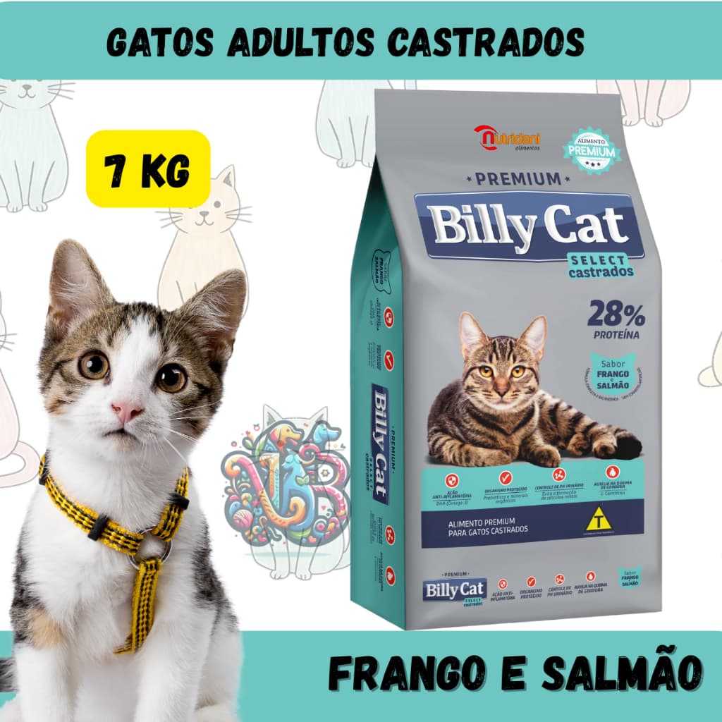 Billy Cat Ração Premium Gatos Adultos Castrados Frango e Salmao 7kg