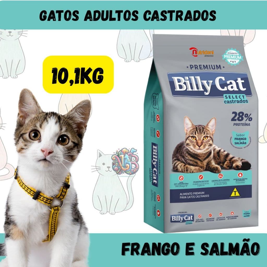 Billy Cat Ração Premium Gatos Adultos Castrados Frango e Salmão 10kg