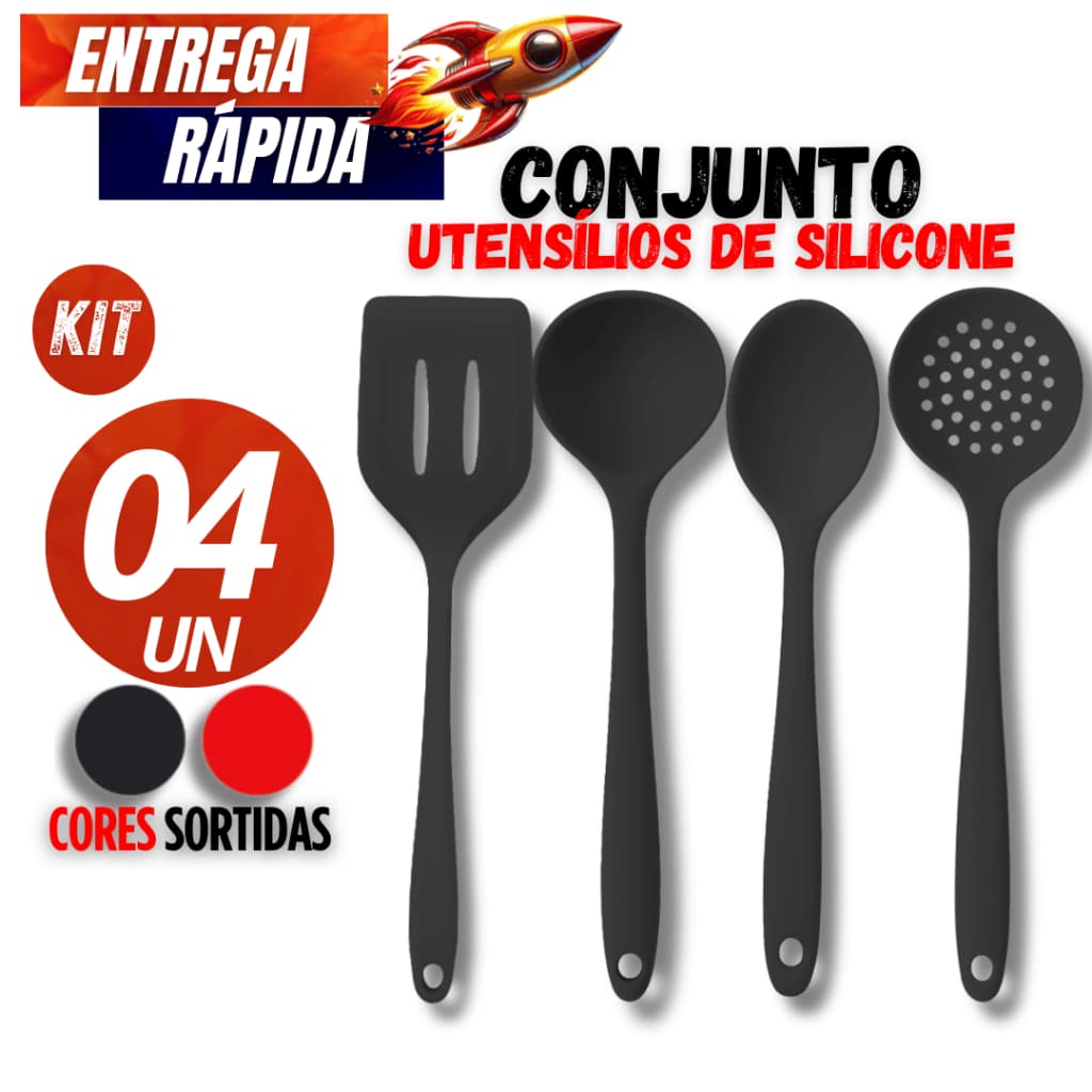 Conjunto 04/02 Colher de Arroz, Espátula Vazada, Escumadeira de Fritura e Concha de Feijão cor preta Qualidade Garantida