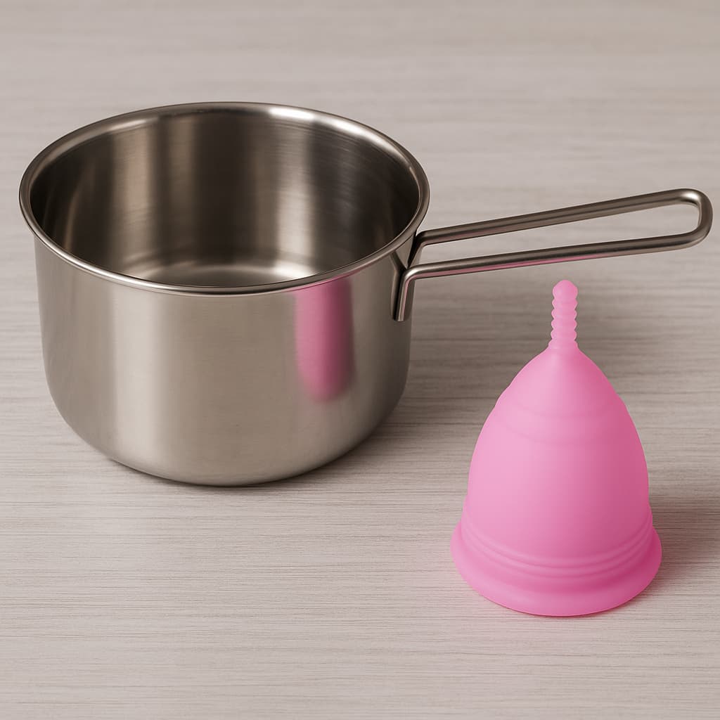 Kit Coletor Menstrual + Mini Panela Inox para Higienização – Prático e Econômico copo menstrual