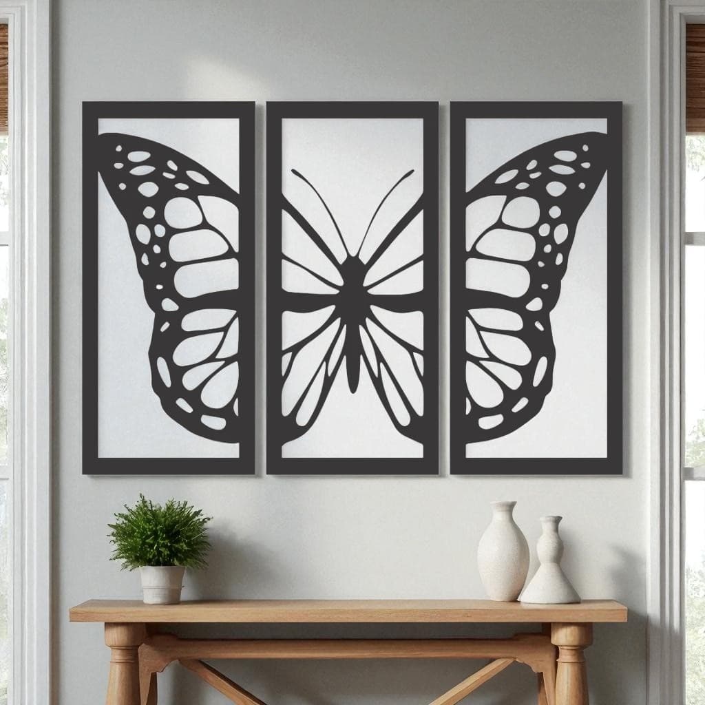 Kit Trio de Quadros Decorativo Borboleta MDF Preto - Decoração Sala Parede Quarto Infantil Butterfly