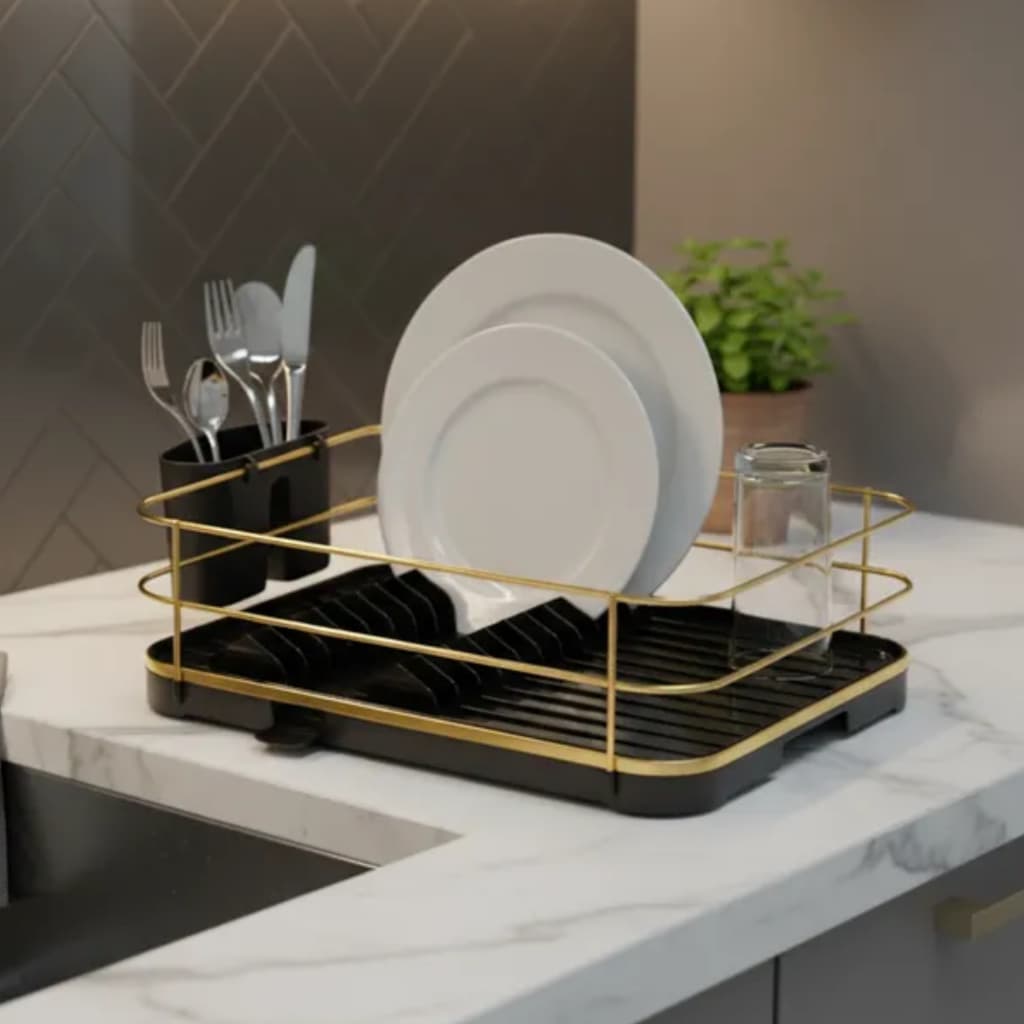 Escorredor De Louças 12 Pratos Preto Aço Dourado Bandeja de Escoamento Future