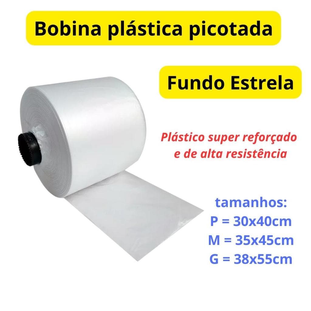 Bobina picotada fundo estrela P M G saco plástico para embalar alimentos, hortifruti, supermercados