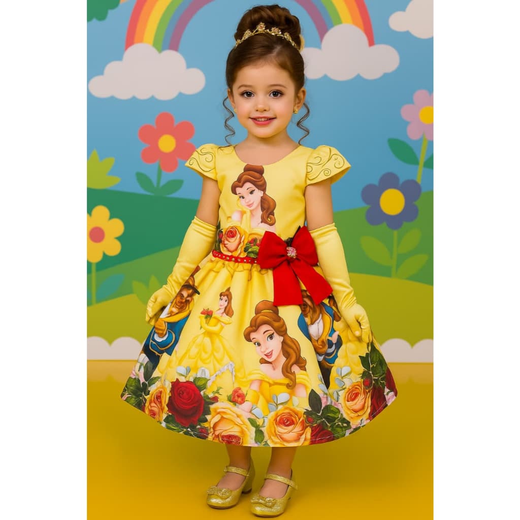 vestido Temático Super Luxo a Bela e a Fera COM FORRO E TULE LAÇO AJUSTAVEL ATRAS ENVIO JA.