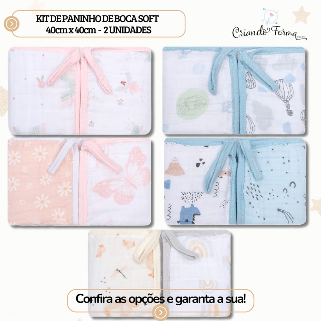 kit com 2 Paninhos de Boca Soft c/ prendedor de chupeta - 40cm x 40xm