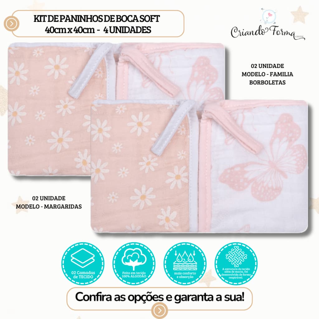 kit com 4 Paninhos de Boca Soft c/ prendedor de chupeta - 40cm x 40xm