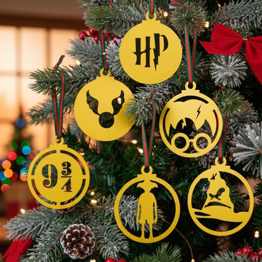 Kit Natal Harry Potter 6 Bolas de Enfeites Natalino Acrílico Dourado Espelhado Decoração Árvore