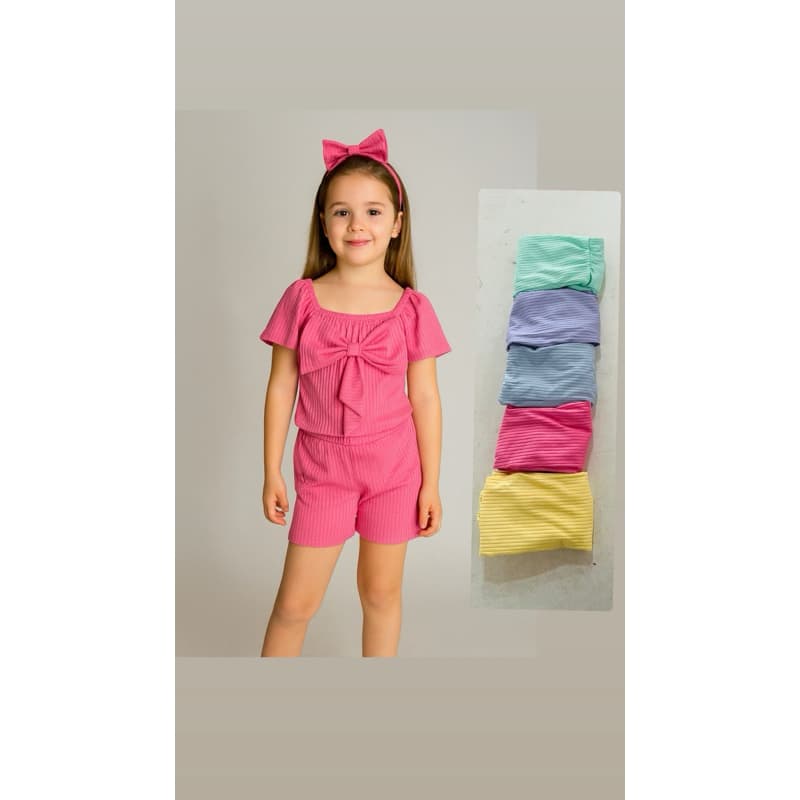 15 pecas Blusa manguinha laço + short + laço de cabelo