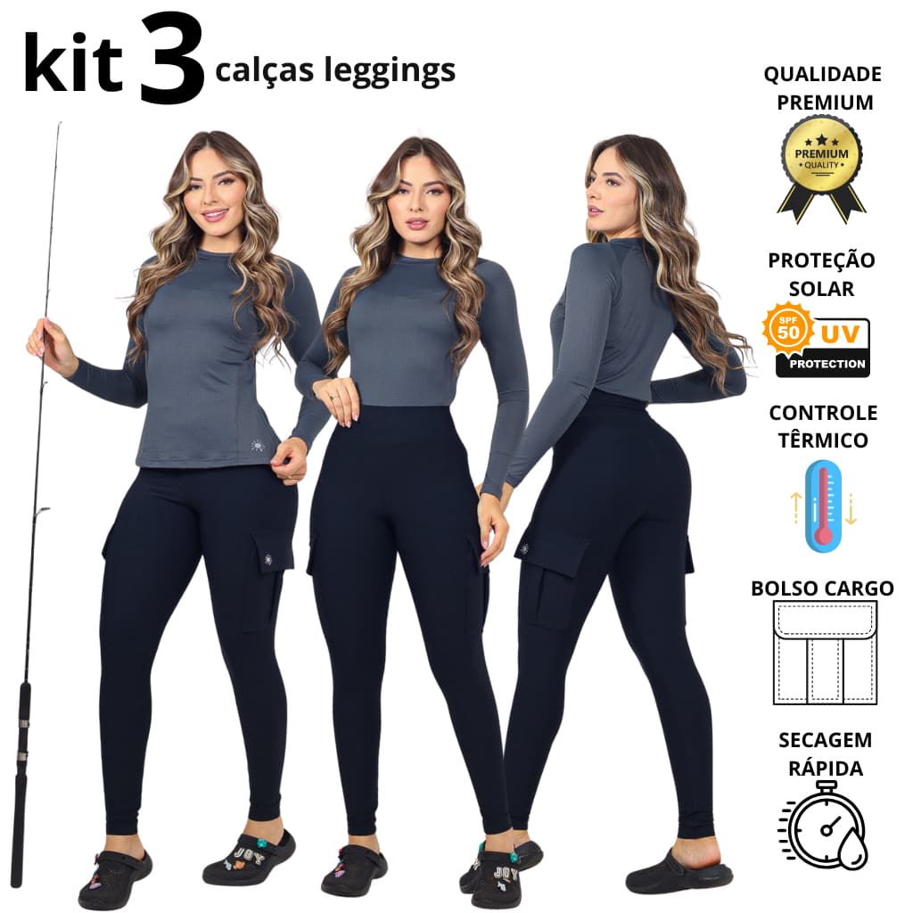 Kit c/3 Calça de Pesca legging Feminina com proteção solar com bolso Cargo.
