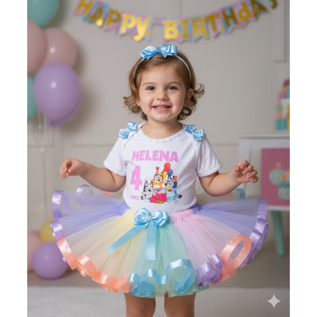 Fantasia Tema Bluey Adulto e Infantil  6,8,10 e 12 anos Camiseta Personalizada Saia de Tutu e Laço de Cabelo