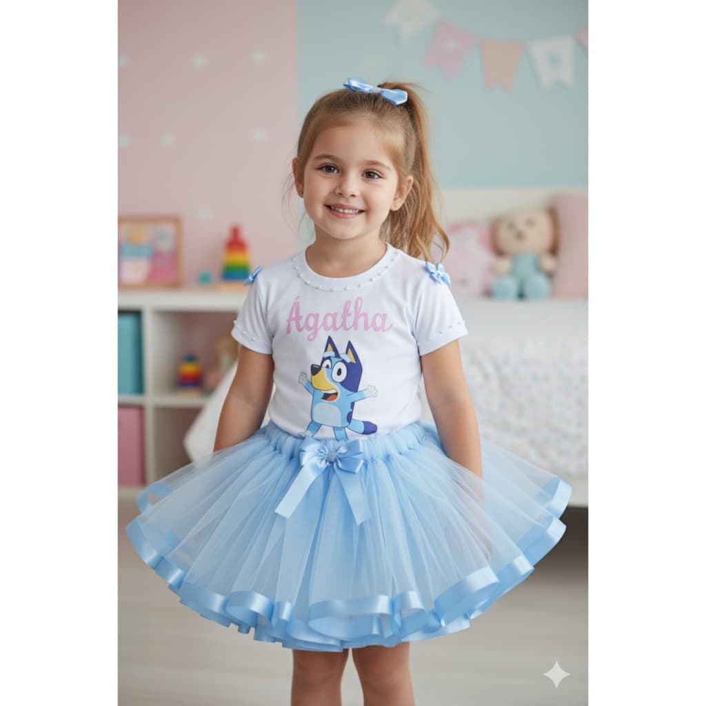 Fantasia Tema Bluey Adulto e Infantil 6,8,10 e 12 Anos Camiseta Personalizada Saia de Tutu e Laço de Cabelo