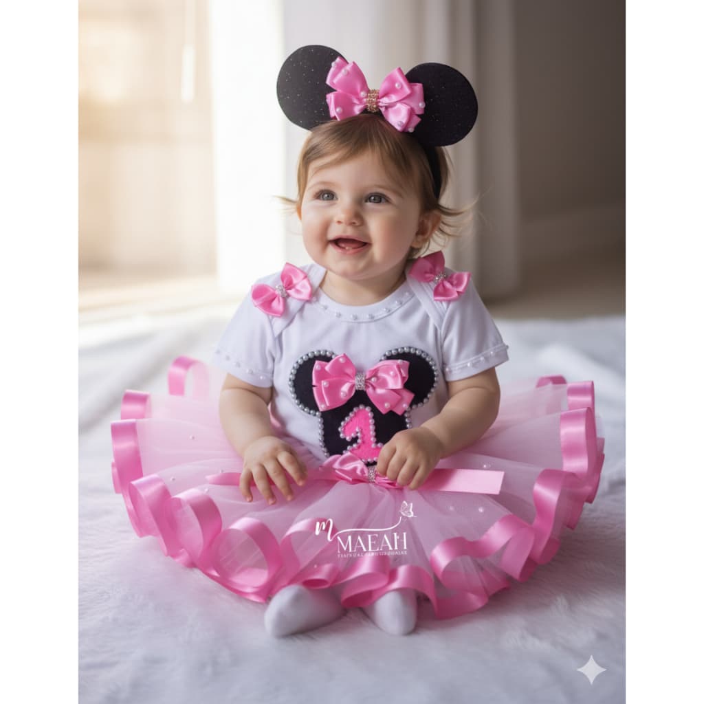 Fantasia Minie Rosa Inafntil Conjunto Completo Body Saia de Tutu e Tiara