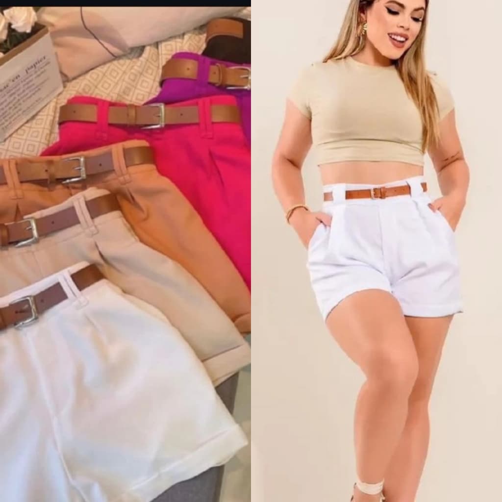 Short Feminino Alfaiataria Social Com Cinto Cintura Alta Envio Imediato