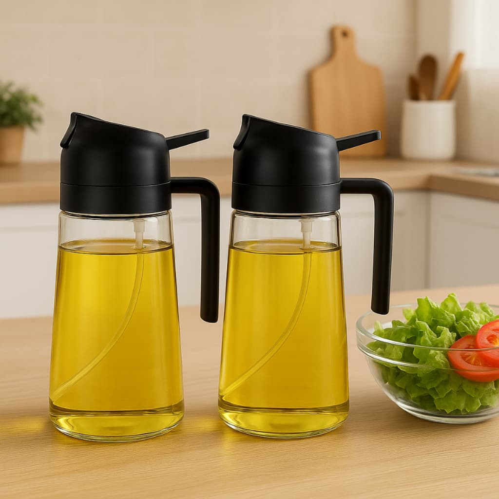 Porta Azeite e Vinagre Galheteiro Vidro 450 ml Profissional Com Dosador Spray - Kit com 2 Borrifador